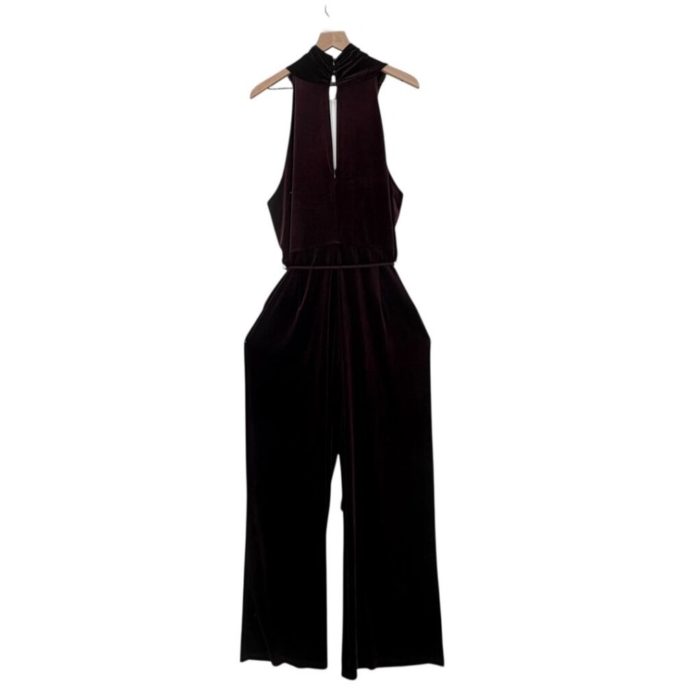 Forever 21 Maroon Velvet Halter Criss Cross Wide Leg Jumpsuit 3X